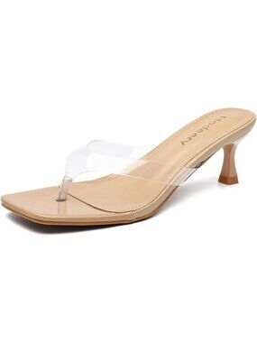 Women‘s Nude Faux Leather Clear Strap Comfortable Low Heels Flip Flop Sandals